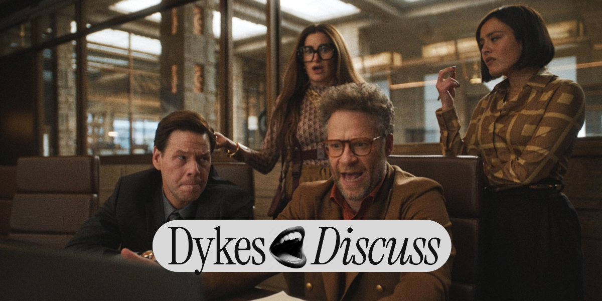 A still from The Studio with Seth Rogen, Ike Barinholtz, Kathryn Hahn, and Chase Sui Wonders with the Dykes Discuss logo along the bottom.