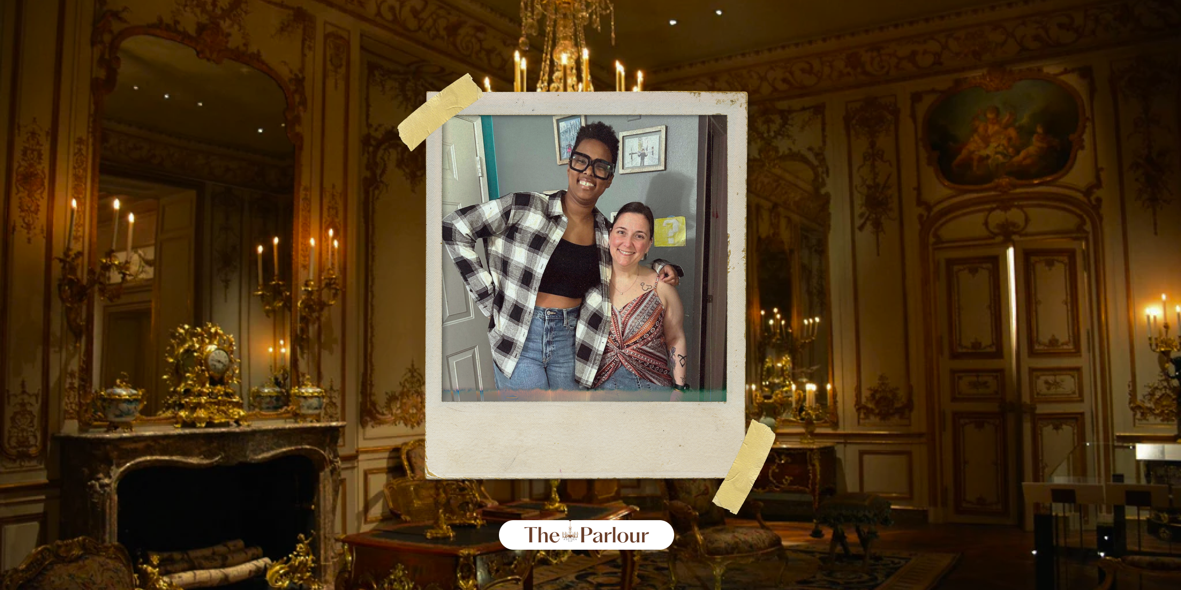 Sai and her best friend, against a backdrop of a parlour
